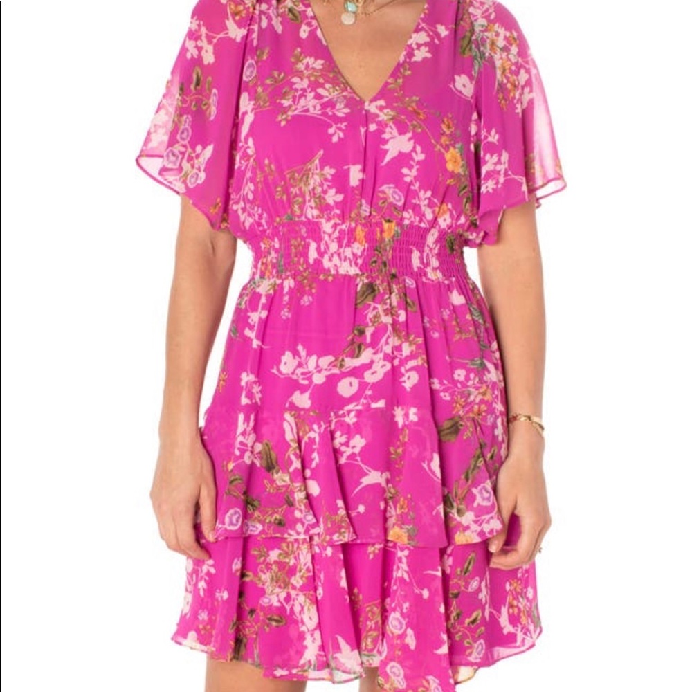 Pink floral flutter sleeve ruffle dress